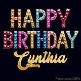 Vibrant luxury birthday greeting card for Cynthia, showing glittering gemstone letters and golden calligraphy on a dark background with twinkling shine effects.