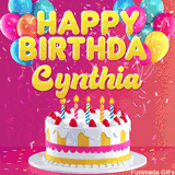Pink-themed animated greeting with balloons, confetti, and a frosted cake under the message 'Happy Birthday Cynthia' in bold rounded yellow font.