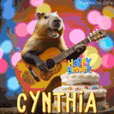 Animated birthday GIF showing a capybara playing guitar and singing beside a birthday cake with the name Cynthia in large letters and colorful bokeh lights in the background.