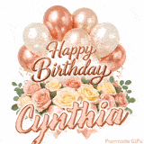 Beautiful cursive Happy Birthday Cynthia text beautifully decorated with flowers