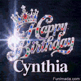 Happy Birthday Cynthia animated image showcasing a glittering crown and white sparkling light effects.