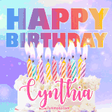 A vibrant animated name GIF with the words 'Happy Birthday Cynthia' with colorful candles on a creamy cake. The background sparkles with pastel shades, adding a festive touch.