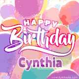 A vibrant name GIF featuring colorful balloons in shades of pink, orange, and yellow with the bold text 'Happy Birthday Cynthia' in festive fonts, creating a lively birthday vibe.