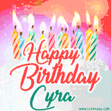 Bright birthday candles with rainbow flames on a cake, alongside the text 'Happy Birthday Cyra' in vibrant script in this celebratory animated GIF.