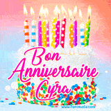 A white birthday cake covered in colorful sprinkles, topped with bright candles, and French text 'Bon Anniversaire Cyra' on a pastel gradient background in an animated GIF.