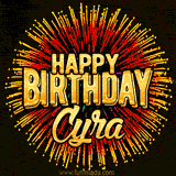 Golden 'Happy Birthday Cyra' text accompanied by animated rainbow fireworks for a festive animated greeting.