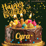 A delightful chocolate birthday cake with bright candles and 'Happy Birthday Cyra' written in gold amidst a shower of animated stars.