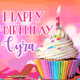 A vibrant birthday GIF featuring a rainbow-colored cupcake topped with white frosting, sprinkles, and a lit candle. The text reads 'Happy Birthday Cyra' in bold pink and violet letters with white outline.