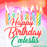 Bright birthday candles with rainbow flames on a cake, alongside the text 'Happy Birthday Cælestis' in vibrant script in this celebratory animated GIF.
