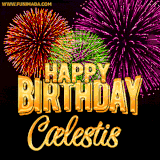 A golden 'Happy Birthday Cælestis' message with vibrant fireworks in the background, creating a festive and celebratory vibe in this animated name GIF.