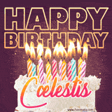A colorful birthday cake topped with lit candles, with the words 'Happy Birthday Cælestis' in bold glowing letters on a burgundy background. Animated flames add a festive touch.