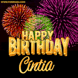 A golden 'Happy Birthday Cíntia' message with vibrant fireworks in the background, creating a festive and celebratory vibe in this animated name GIF.