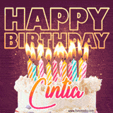 A colorful birthday cake topped with lit candles, with the words 'Happy Birthday Cíntia' in bold glowing letters on a burgundy background. Animated flames add a festive touch.