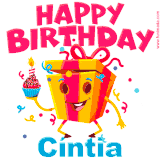 A vibrant and funny gift box character with a happy face dancing with a cupcake and the text 'Happy Birthday Cíntia,' surrounded by animated confetti and party vibes.