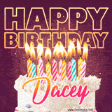 A colorful birthday cake topped with lit candles, with the words 'Happy Birthday Dacey' in bold glowing letters on a burgundy background. Animated flames add a festive touch.