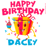 A vibrant and funny gift box character with a happy face dancing with a cupcake and the text 'Happy Birthday Dacey,' surrounded by animated confetti and party vibes.