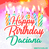 Bright birthday candles with rainbow flames on a cake, alongside the text 'Happy Birthday Daciana' in vibrant script in this celebratory animated GIF.