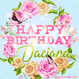 A charming animated GIF featuring 'Happy Birthday Daciana' in pink and green text, surrounded by delicate roses, leaves, and fluttering butterflies on a soft light blue pastel background.
