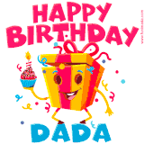 A vibrant and funny gift box character with a happy face dancing with a cupcake and the text 'Happy Birthday Dada,' surrounded by animated confetti and party vibes.