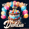 Hand-drawn happy birthday cake adorned with an arch of colorful balloons - name GIF for Dahlia