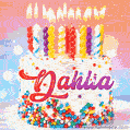 Personalized for Dahlia elegant birthday cake adorned with rainbow sprinkles, colorful candles and glitter