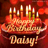 Beautifully decorated red velvet berry birthday cake with vibrant fruits and a glowing 'Daisy' name, adding a touch of sweetness and sparkle.