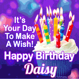 A colorful birthday GIF for Daisy featuring a cupcake with vibrant lit candles and the text 'It's Your Day to Make a Wish! Happy Birthday Daisy' in bold letters on a festive purple background.