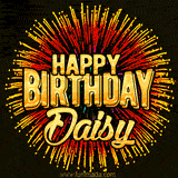 Golden 'Happy Birthday Daisy' text accompanied by animated rainbow fireworks for a festive animated greeting.