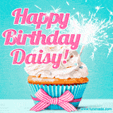 A festive cupcake with pink icing, a gingham bow, and a lit animated sparkler, paired with 'Happy Birthday Daisy!' in bright pink text.