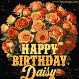 Animated bouquet of orange roses with moving butterfles and golden 'Happy Birthday Daisy' text, surrounded by sparkling accents and a dark backdrop for a luxurious feel.