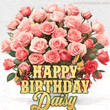 Golden 'Happy Birthday Daisy' text beneath a vibrant bouquet of orange roses, complete with glittering butterflies and sparkling details.