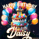 Bright birthday animation for Daisy with a chocolate cake, candles, balloons, and glowing celebratory lights.