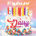 Personalized for Daisy elegant birthday cake adorned with rainbow sprinkles, colorful candles and glitter