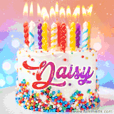 A cheerful white birthday cake with multicolor sprinkles, lit candles, and 'Daisy' written in vibrant letters, in an animated GIF.