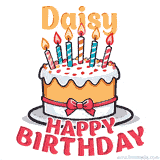 Cartoon birthday cake with a red bow, glowing candles, and 'Daisy Happy Birthday' text in bold animated style.