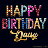 Vibrant luxury birthday greeting card for Daisy, showing glittering gemstone letters and golden calligraphy on a dark background with twinkling shine effects.