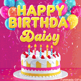 Pink-themed animated greeting with balloons, confetti, and a frosted cake under the message 'Happy Birthday Daisy' in bold rounded yellow font.