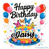 An animated birthday card for Daisy. It features a festive cake with her name, 'Daisy', and colorful butterflies. Floating balloons and hearts complete the joyful scene.