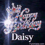 A personalized greeting card for Daisy featuring a silver queen crown decorated with multicolored crystals.