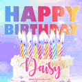 Animated Happy Birthday Cake with Name Daisy and Burning Candles