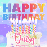 A vibrant animated name GIF with the words 'Happy Birthday Daisy' with colorful candles on a creamy cake. The background sparkles with pastel shades, adding a festive touch.