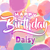 A vibrant name GIF featuring colorful balloons in shades of pink, orange, and yellow with the bold text 'Happy Birthday Daisy' in festive fonts, creating a lively birthday vibe.