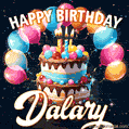 Hand-drawn happy birthday cake adorned with an arch of colorful balloons - name GIF for Dalary