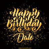 Animated GIF with colorful, festive 'Happy Birthday Dale' text decorated with patterns, a party hat, and falling confetti. A vibrant and cheerful design for birthday celebrations.