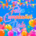 A vibrant animated GIF with 'Feliz Cumpleaños Dale' written in colorful script, surrounded by balloons, confetti, and bunting on a bright blue background.