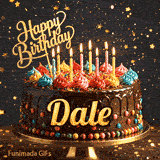 Shimmering animated card featuring a detailed chocolate cake and the name Dale for his birthday celebration.