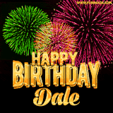 A captivating GIF with bursts of green, pink, and orange fireworks lighting up the night sky, accompanied by 'Happy Birthday Dale' in glowing golden text.