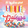 Personalized for Daleyza elegant birthday cake adorned with rainbow sprinkles, colorful candles and glitter