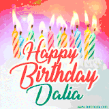 Bright birthday candles with rainbow flames on a cake, alongside the text 'Happy Birthday Dalia' in vibrant script in this celebratory animated GIF.