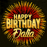 Golden 'Happy Birthday Dalia' text accompanied by animated rainbow fireworks for a festive animated greeting.